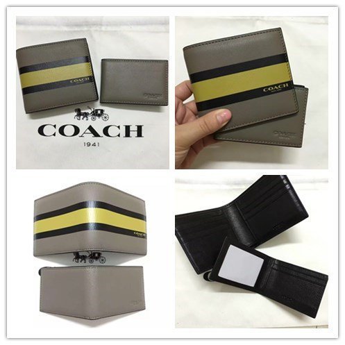 留學生like購 COACH 75086 新款男士條紋真皮短款雙折錢包 棕色 灰綠 附購買憑證