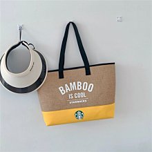 ＝86號店=預購美國STARBUCK  亞麻編織帆布材質混搭 印花裡布 女手提包後側背包 如圖色