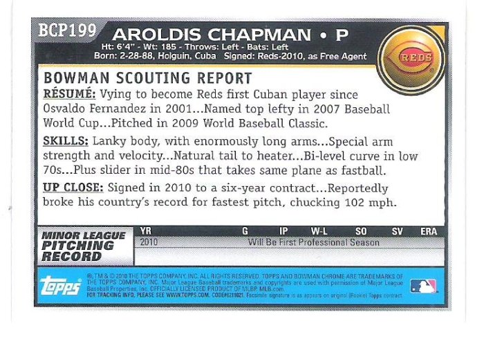 2010 Bowman Chrome #BCP199  AROLDIS CHAPMAN  ROOKIE RC  新人卡