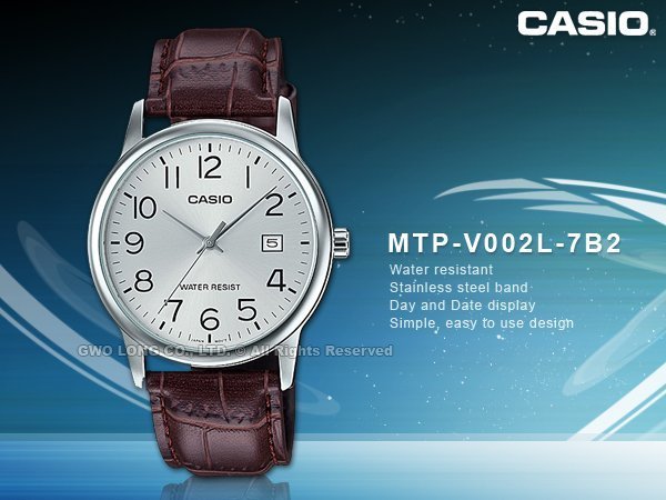 CASIO 卡西歐 手錶專賣店 國隆 MTP-V002L-7B2 白面 指針男錶 皮革錶帶 防水 日期顯示 全新品 保固一年