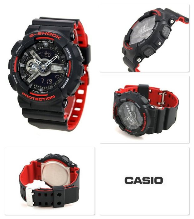 有型男~CASIO G-SHOCK GA-110HR-1A 抗磁雙顯紅黑霸魂Baby-G BA-110