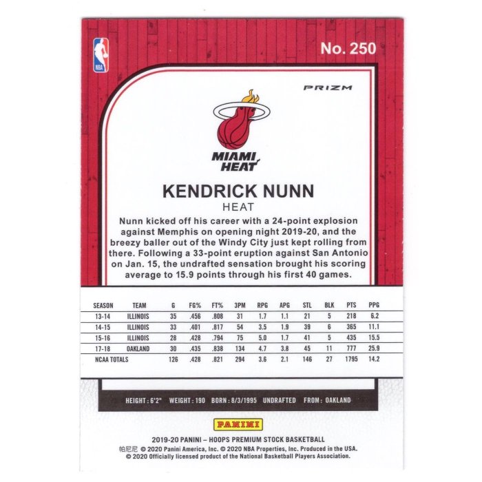 銀閃亮！(RC) 熱火核心 Kendrick Nunn 必漲NBA Hoops Premium Flash Prizm版新人RC金屬卡 2019-20