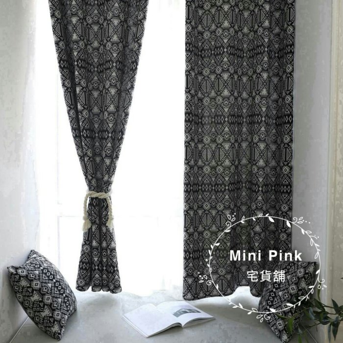 Mini Pink 宅貨舖--美式現代簡約風 黑白幾何緹花成品窗簾 寬140*高215cm【B485】促銷款