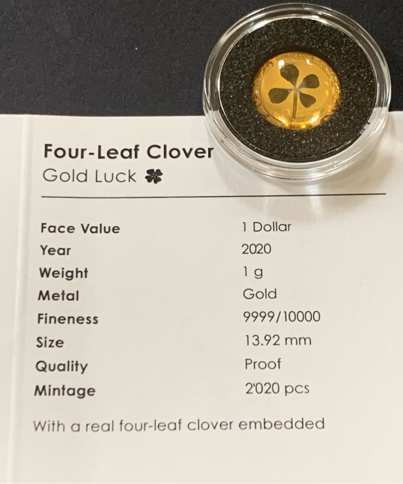 2020 1公克 帛琉 四葉草 精鑄 純金 金幣 幸運草 Palau 1g Four Leaf Clover Gold Coin