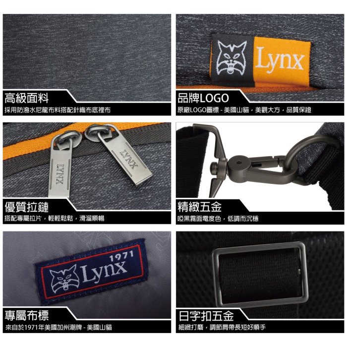 Lynx】美國山貓流行線條多隔層機能防潑水尼龍布包單肩包胸包流線灰LY39