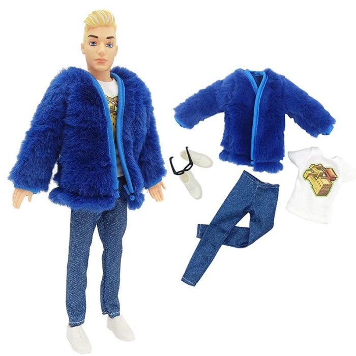 寶藍色人造毛皮 1/6 娃娃衣服肯男孩娃娃服裝夾克 T 恤褲子鞋子芭比男友肯 1/6CC小铺