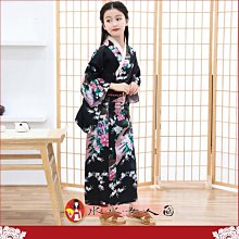 日式風情！日式小女孩和服，復古印花女童浴衣睡袍-孔雀(黑色)-水水女人國