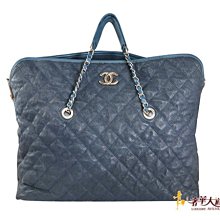 ＊奢華大道國際精品＊【CH0395】CHANEL 深藍色荔枝紋手提肩背二用包