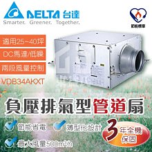 附發票 台達電子 VDB34AKXT 負壓排氣型管道扇 超省電DC馬達 雙風量 低噪音【東益氏】全機三年保固