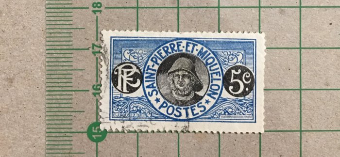 【郵卡庫】【百年票】法屬聖皮埃與密克隆1922年YT107，5分漁夫，舊票背貼  SP4157