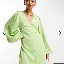 (嫻嫻屋) 英國ASOS-Pretty Lavish綠色鍛面V領氣球袖鈕釦裙洋裝禮服 EB23