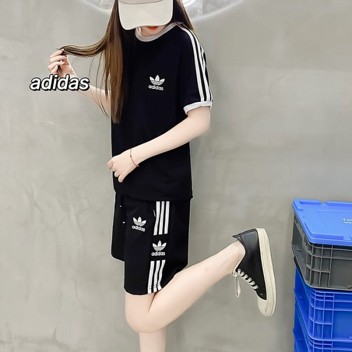 Adidas愛迪達 三葉草情侶運動服 女夏季新款休閒短褲套裝 男圓領短袖 T恤 長褲 跑步健身服360315