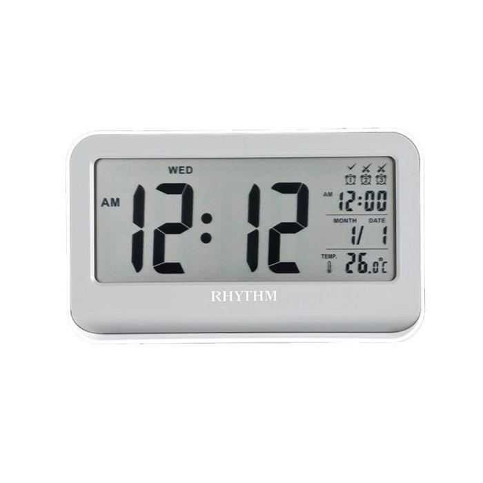 RHYTHM CLOCK 麗聲白灰色液晶自動感光照明日曆溫度漸進嗶嗶聲3組鬧鐘 型號：LCT097NR03【神梭鐘錶】