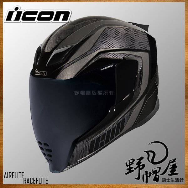 三重《野帽屋》美國 ICON AIRFLITE 全罩 安全帽 防霧鏡片 內墨片 內襯全可拆。RACEFLITE 黑