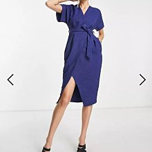 (嫻嫻屋) 英國ASOS-Closet時尚優雅名媛藍色交叉V領和服寬袖及膝裙洋裝禮服EK23