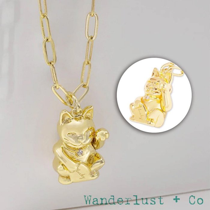 Wanderlust+Co 澳洲品牌 立體鑲鑽金色招財貓項鍊 好運每一天 Lucky Cat