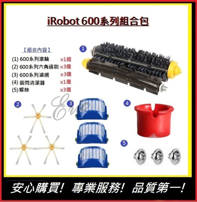 簡單買iRobot600系列通用組合包【E】 600系列邊刷 600系列濾網 600系列滾輪 圓筒清潔 螺絲(副廠)