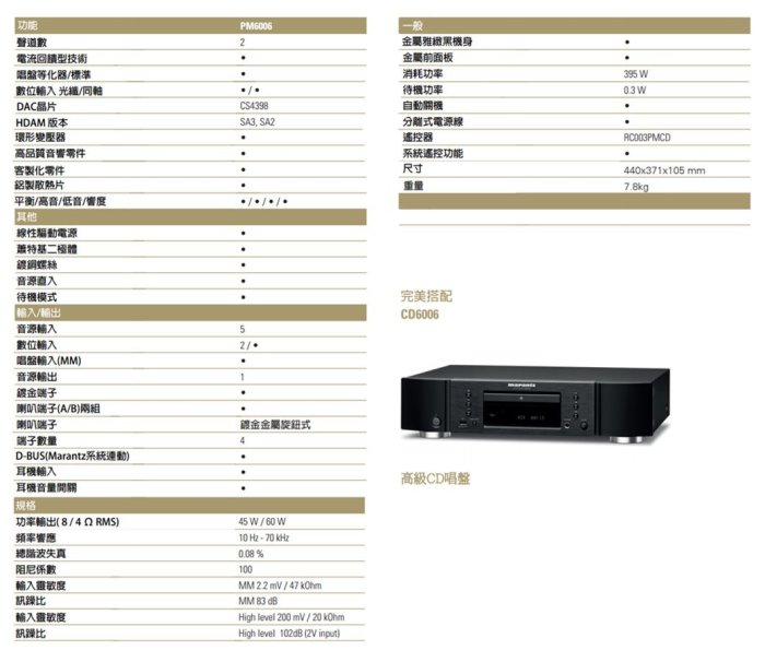 [ 沐耳 ] 天龍馬蘭士精品 Marantz 數位 / 類比 / 唱放 / 四聲道 綜合擴大機 PM6006（停產）