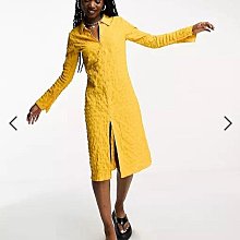(嫻嫻屋) 英國ASOS-Weekday黃色紋理襯衫V領長袖中長裙洋裝EF23