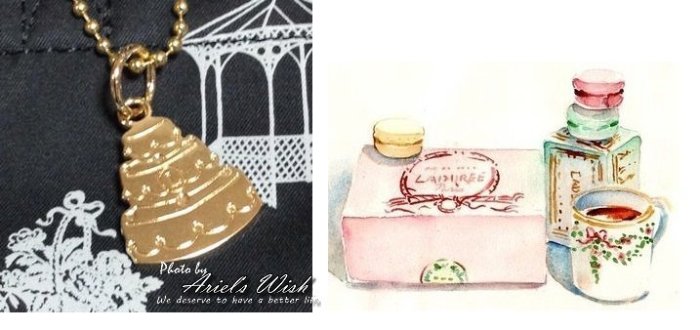 Ariel's Wish-日本Laduree黑色法式歐風圖騰附蛋糕甜點掛飾高質感手提包手提袋便當袋外出包野餐包-絕版款式