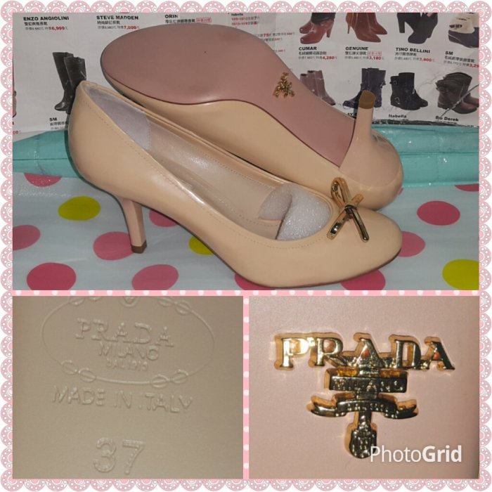 ☆甜甜妞妞小舖 ☆ 專櫃真品  PRADA   杏粉色亮皮真皮金色蝴蝶結.. 高跟圓頭包鞋--37號