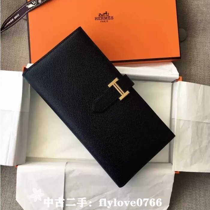 中古二手 HERMES 愛馬仕 Bearn 金扣 Epsom黑色小牛皮長夾 H039785CC89