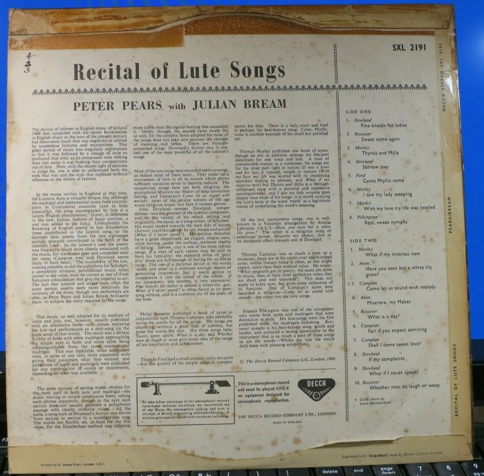 黑膠 Pears & Bream : A Recital of Lute Songs (英版大DECCA ED1 首版)