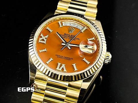 【永生流當品】2023單 ROLEX 勞力士 DAYDATE 128238 鑲鑽紅玉髓面盤 原鑲鑽石時標及羅馬數字時標 KRG8162