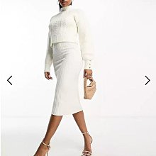 (嫻嫻屋) 英國ASOS-Morgan優雅時尚名媛白色針織套頭高領長袖假兩件式中長裙洋裝EK23