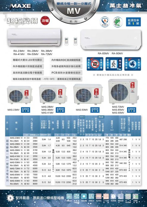 附發票/只送不裝/萬士益分離式變頻冷氣/MAS-72MV/RA-72MV/冷暖機種8~10坪/一級節能/另有售GF72H