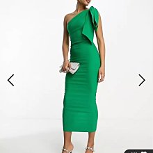 (嫻嫻屋) 英國ASOS-Vesper優雅時尚名媛綠色單肩斜肩單肩領帶領修身過膝裙洋裝禮服EC23