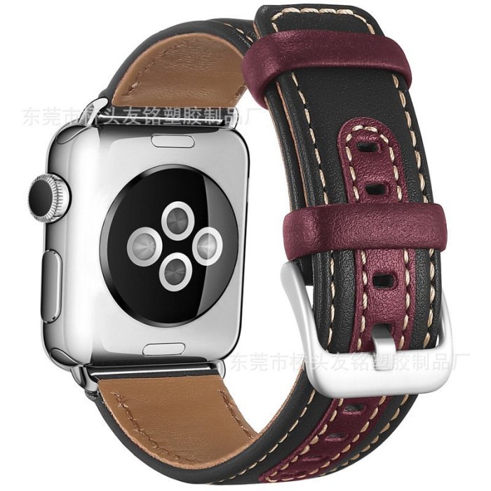 【熱賣精選】清庫存適用蘋果7/SE代希臘皮真皮表帶Apple iWatch拼接撞色同色皮錶帶配件