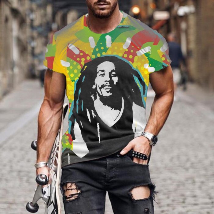 2023歐美外貿夏季新款BobMarley圖案3D數碼印花男裝短袖T恤-正正男裝