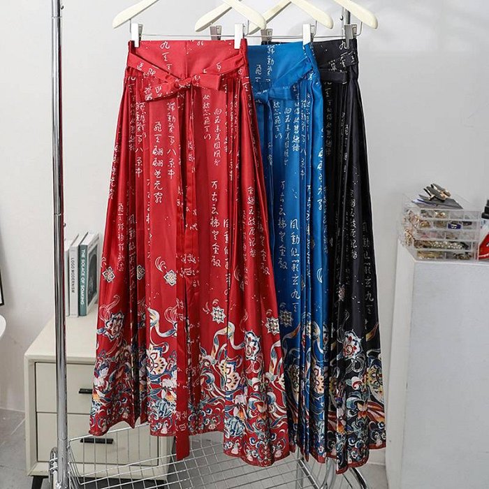 【潮派衣櫥】新款漢式抽繩一片式中長款半身裙 漢風改良高腰印花氣質馬面裙