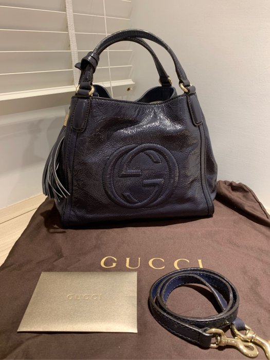 二手 GUCCI SOHO  漆皮深藍流蘇斜背 手提 肩背 3用包