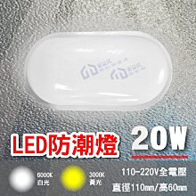 現貨含稅 LED防潮燈 20W 白框膠囊型 直徑110mm 高60mm 鐵盤 壓克力 白/黃光 全電壓 吸頂燈【東益氏】