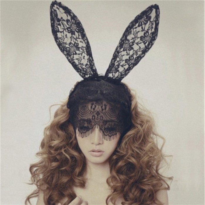 蕾絲透明頭飾面紗兔耳朵髮箍另類兔女版大耳朵髮飾