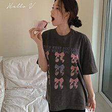 Hello V 正韓製 甜美個性蝴蝶結設計寬鬆短T*米炭灰*【C0227-37】