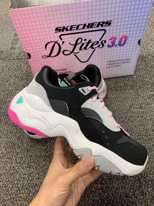 安安精品保證正品~【SKECHERS】時尚休閒系列 DLITES 3.0( 13377 BKHP)氣墊記憶鞋墊增高鞋