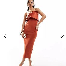 (嫻嫻屋) 英國ASOS-深橙色撞色緞面摺紙平口領過膝裙洋裝禮服AD24