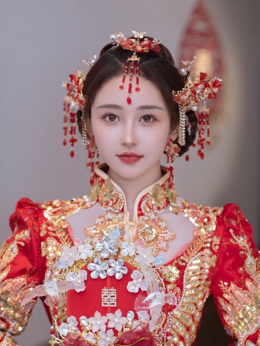 新娘結婚發飾中式古風秀禾眉心墜古典秀禾服古裝婚禮紅色系頭飾品-主推款