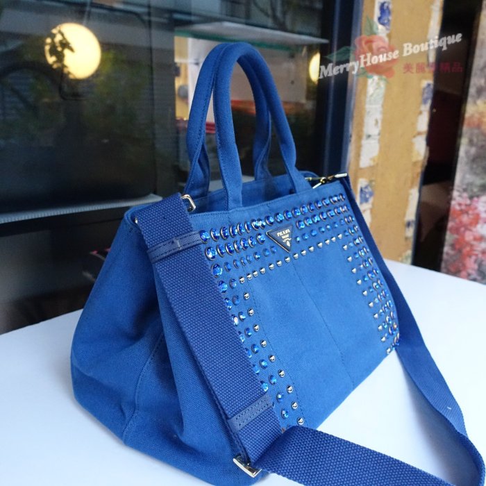 美麗堡outlet精品 PRADA BN1877帆布手提包 crystal水晶鑲嵌 手提/斜背 二用 (中-藍)【現貨】