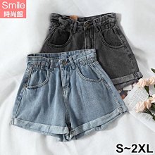 【V3095】SMILE-休閒牛仔．高腰卷邊闊腿牛仔短褲