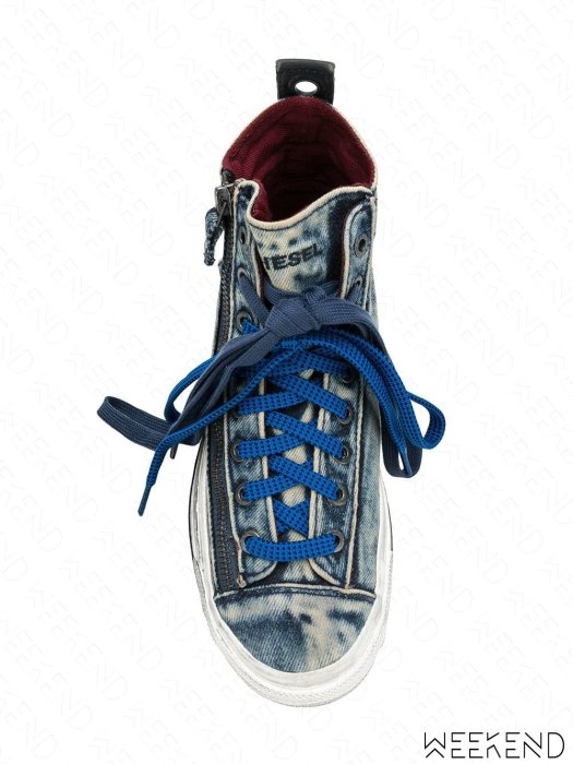 【WEEKEND】 DIESEL 牛仔 拉鍊 特殊設計 高筒 休閒鞋 藍色