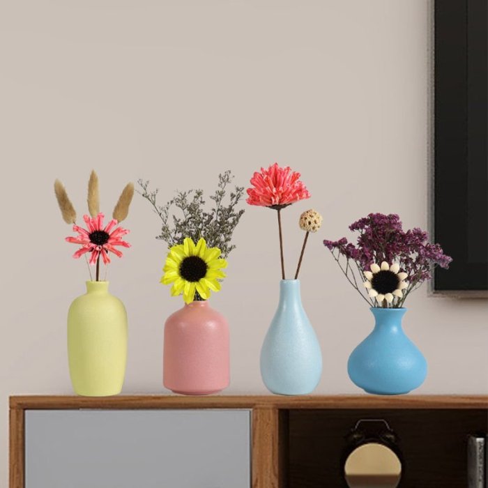 北歐馬卡龍陶瓷小花瓶擺件客廳插花干花電視柜裝飾品創~特價