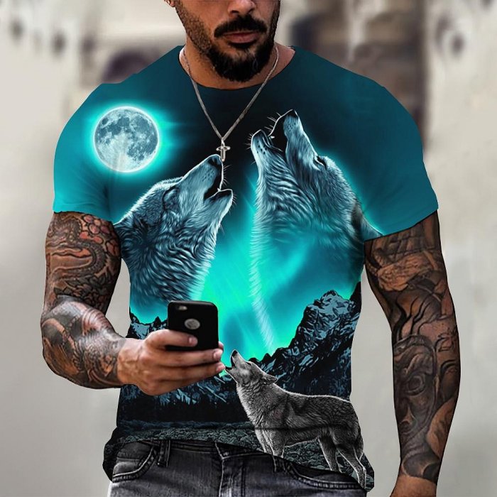 狼3D列印短袖男士t恤，大尺碼運動衫，時尚街頭服飾，廉價t恤，2023年
