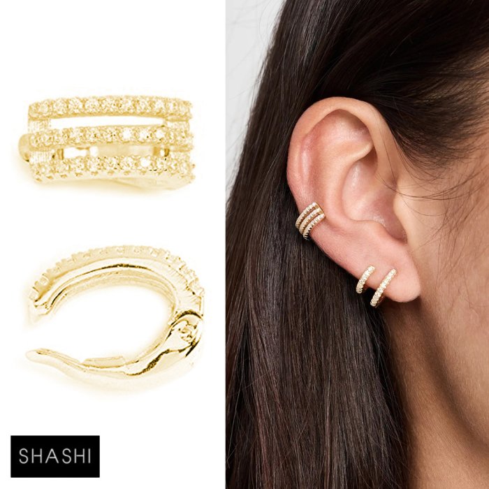 SHASHI 三排鑽耳骨夾 單支金色耳骨夾 無耳洞女孩必備 Hinge Ear Cuff