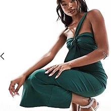 (嫻嫻屋) 英國ASOS-Vesper綠色扭結甜心平口領單肩帶過膝裙洋裝禮服EK23
