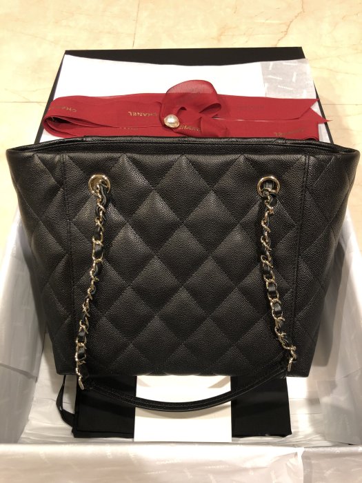 Chanel tote bag 黑色荔枝牛皮 淡金釦 拖特包 購物包 台灣專櫃