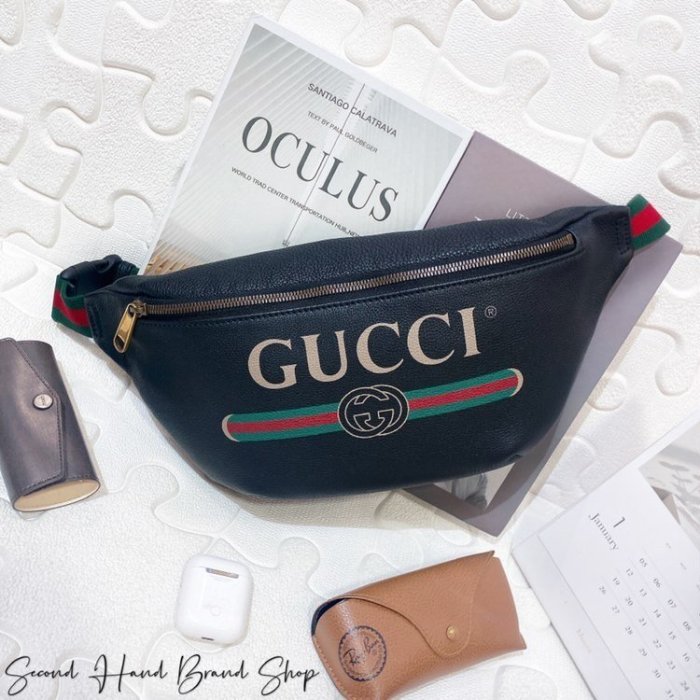 二手旗艦 GUCCI 黑色 牛皮 綠紅綠織帶 前GUCCI logo 前拉鍊 90公分 胸口包 腰包(中友店)31502